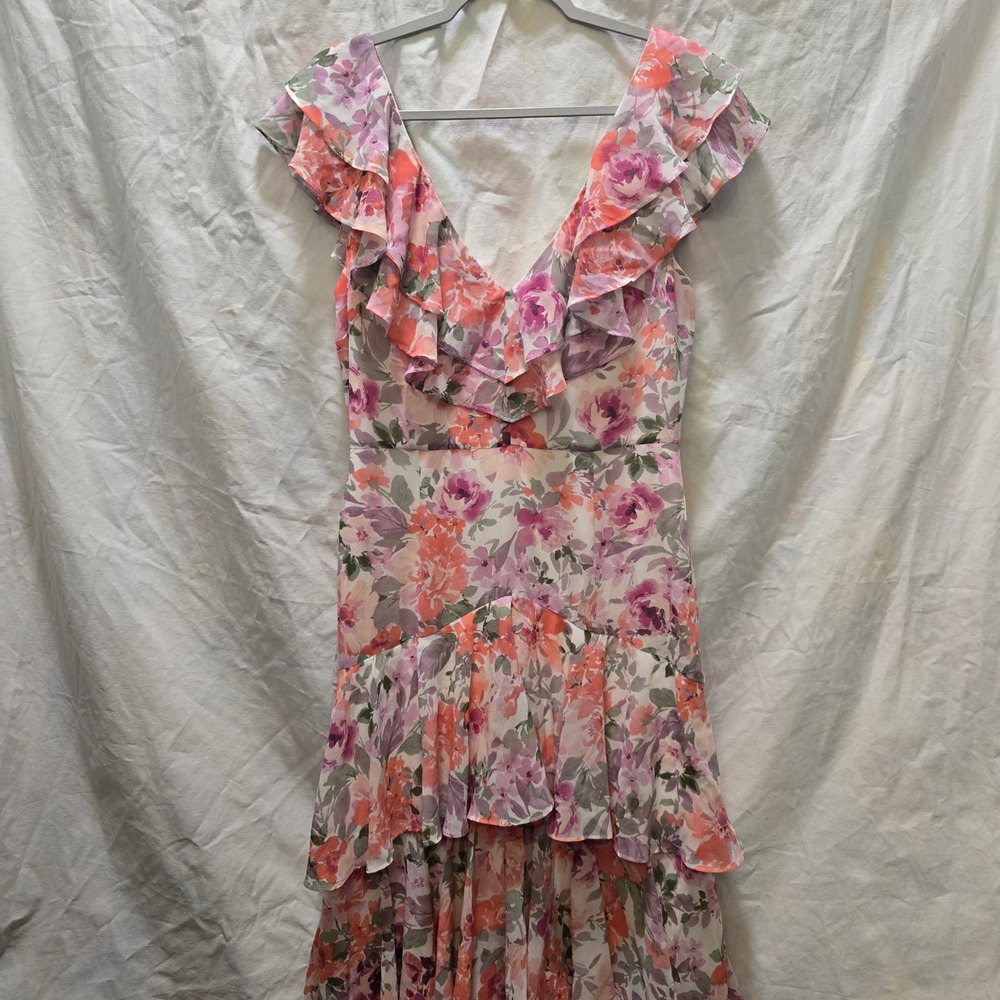 Wayf Floral Ruffle Midi Dress - Pink and Purple